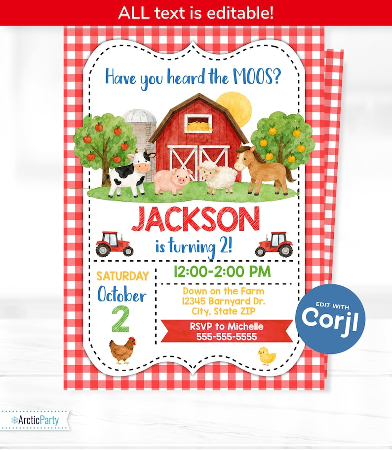 May include: A rectangular birthday invitation card with a red and white gingham border. The design features a red barn, a cow, a pig, a sheep, a horse, a chicken, and a chick. Text includes Have you heard the MOOS?, JACKSON is turning 2!, and event details.