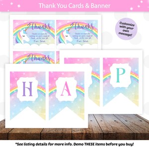 May include: A set of printable unicorn-themed thank you cards and a banner. The cards feature a unicorn with a rainbow and stars. The banner has the letters "HAP" with a rainbow and stars. The text on the cards reads "Thanks so much for making my party magical. Thank you for your gift. Love, Sarah."