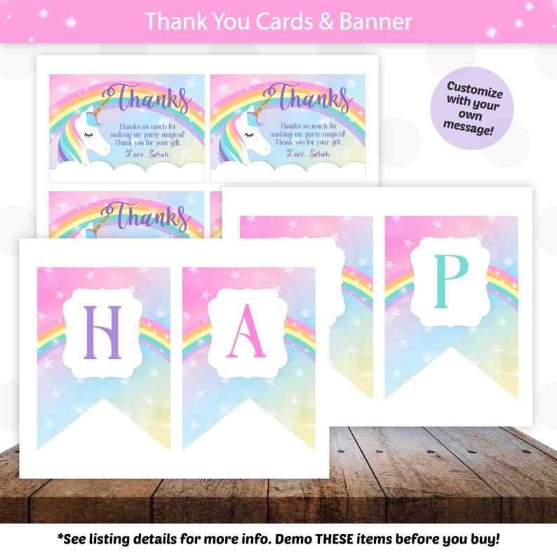 May include: A set of printable unicorn-themed thank you cards and a banner. The cards feature a unicorn with a rainbow and stars. The banner has the letters "HAP" with a rainbow and stars. The text on the cards reads "Thanks so much for making my party magical. Thank you for your gift. Love, Sarah."