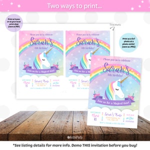 May include: A printable invitation for a 6th birthday party featuring a unicorn with a rainbow mane and a rainbow arch. The invitation has a watercolor background with stars and the text "Please join us to celebrate Sarah's 6th birthday!" and "Join us for a Magical time!"