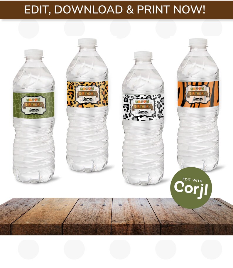 May include: Four clear plastic water bottles with labels that say "Happy Birthday James" in a jungle animal print theme. The labels have a brown woodgrain background and feature a variety of animal prints, including leopard, zebra, and giraffe. The bottles are sitting on a wooden surface.