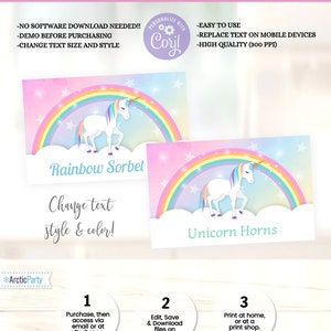 May include: Two printable food labels featuring a unicorn with a rainbow and clouds. The labels say "Rainbow Sorbet" and "Unicorn Horns". The text on the labels can be edited and customized.