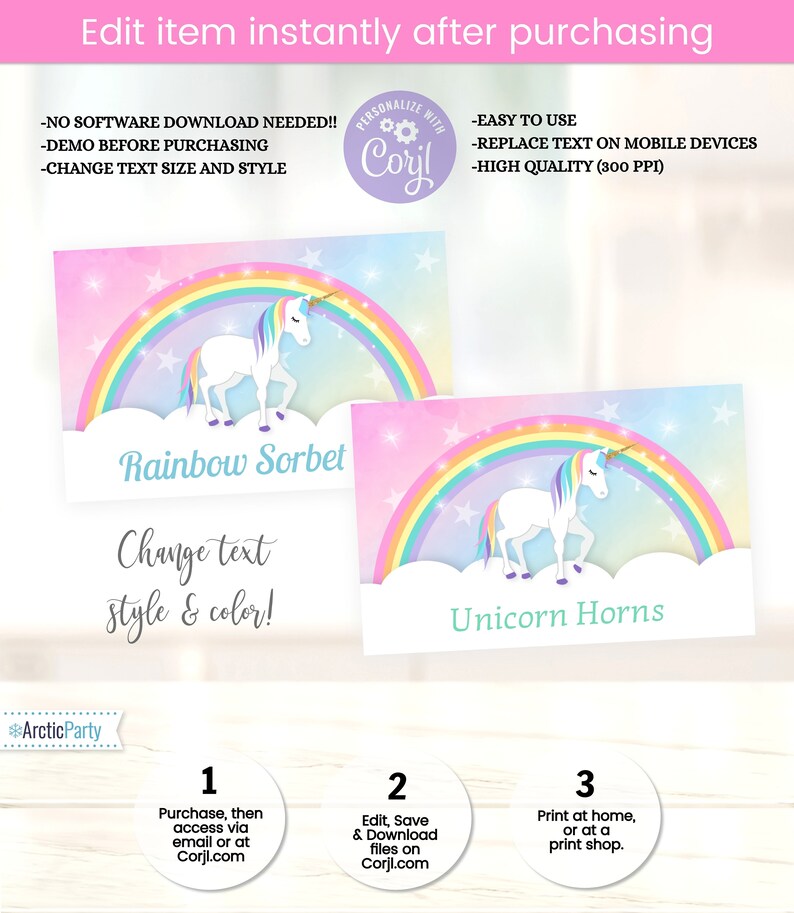 May include: Two printable food labels featuring a unicorn with a rainbow and clouds. The labels say "Rainbow Sorbet" and "Unicorn Horns". The text on the labels can be edited and customized.