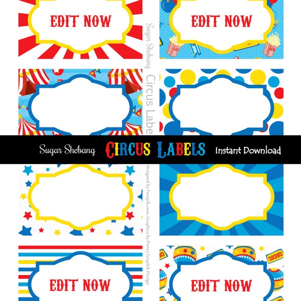 Circus Food Labels - Instantly Downloadable and Editable File!! Personalize and Print at home with Adobe Reader NOW! - Circus Party Supplies