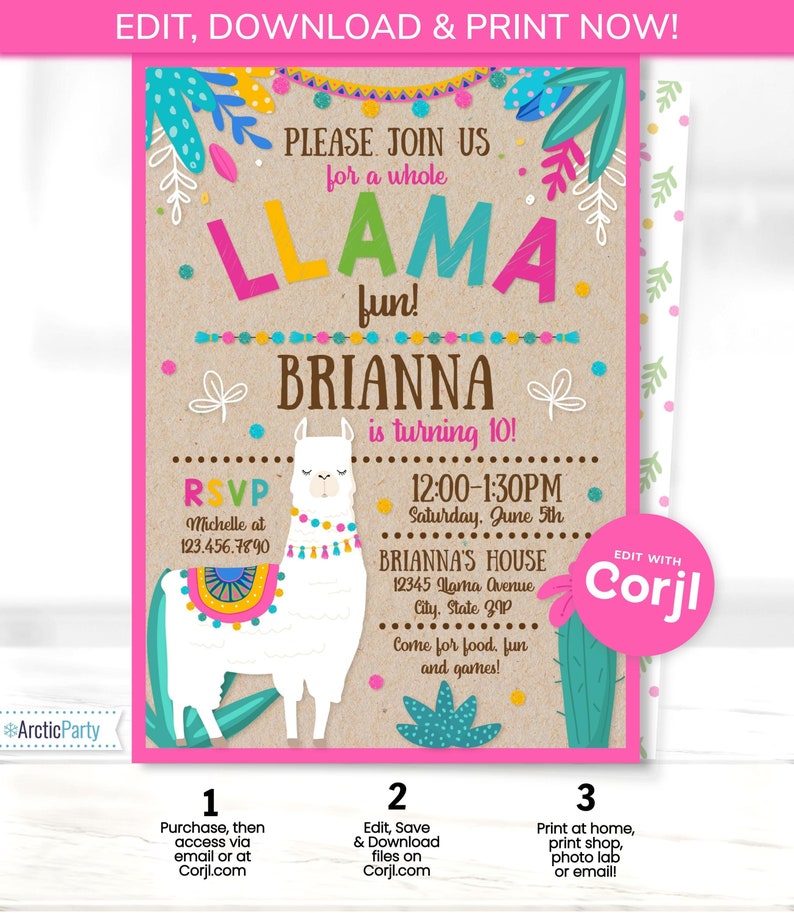 May include: A party invitation with a llama theme. The invitation features a white llama with colorful decorations, the text "LLAMA fun!" and "Brianna is turning 10!" The invitation includes RSVP and event details.