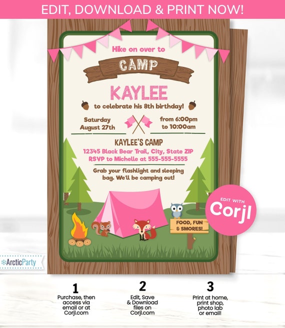 Camping Party Invitations for Girls - Camping Birthday Invitations - Camping Party Supplies - Girl's Camping - Edit with Corjl