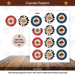 Op de afbeelding: Een set van 12 cupcake-toppers met een cowboythema. De toppers zijn rond en hebben verschillende ontwerpen, waaronder een rode bandana met een gouden ster, een zwart-witte koe-print en een blauw denim-patroon met een cowboyhoed. De toppers zijn bedrukt met de tekst "Happy Birthday Wilson" en het nummer "8".