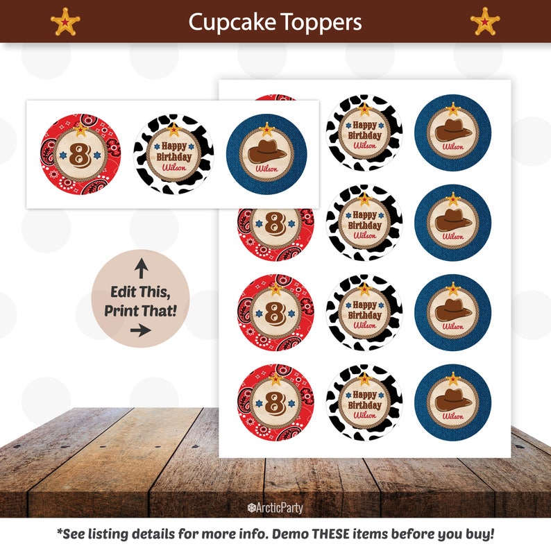 Op de afbeelding: Een set van 12 cupcake-toppers met een cowboythema. De toppers zijn rond en hebben verschillende ontwerpen, waaronder een rode bandana met een gouden ster, een zwart-witte koe-print en een blauw denim-patroon met een cowboyhoed. De toppers zijn bedrukt met de tekst "Happy Birthday Wilson" en het nummer "8".