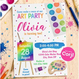 Pink Art Birthday Party Invitation - Painting Party - Digital or Printed image 1