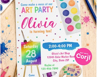 Pink Art Birthday Party Invitation - Painting Party - Digital or Printed
