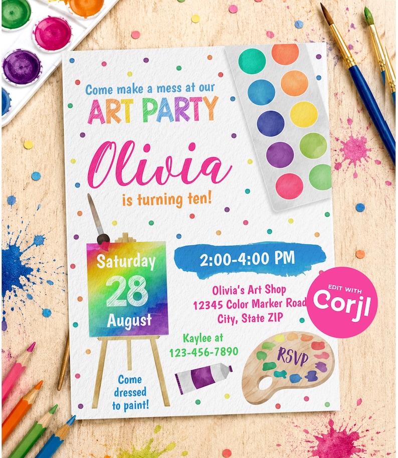 Pink Art Birthday Party Invitation - Painting Party - Digital or Printed image 1