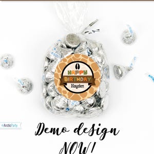 May include: A brown and orange giraffe print circle sticker with the text "Happy Birthday Hayden" in colorful letters. The sticker is on a clear plastic bag filled with silver foil-wrapped chocolate kisses.