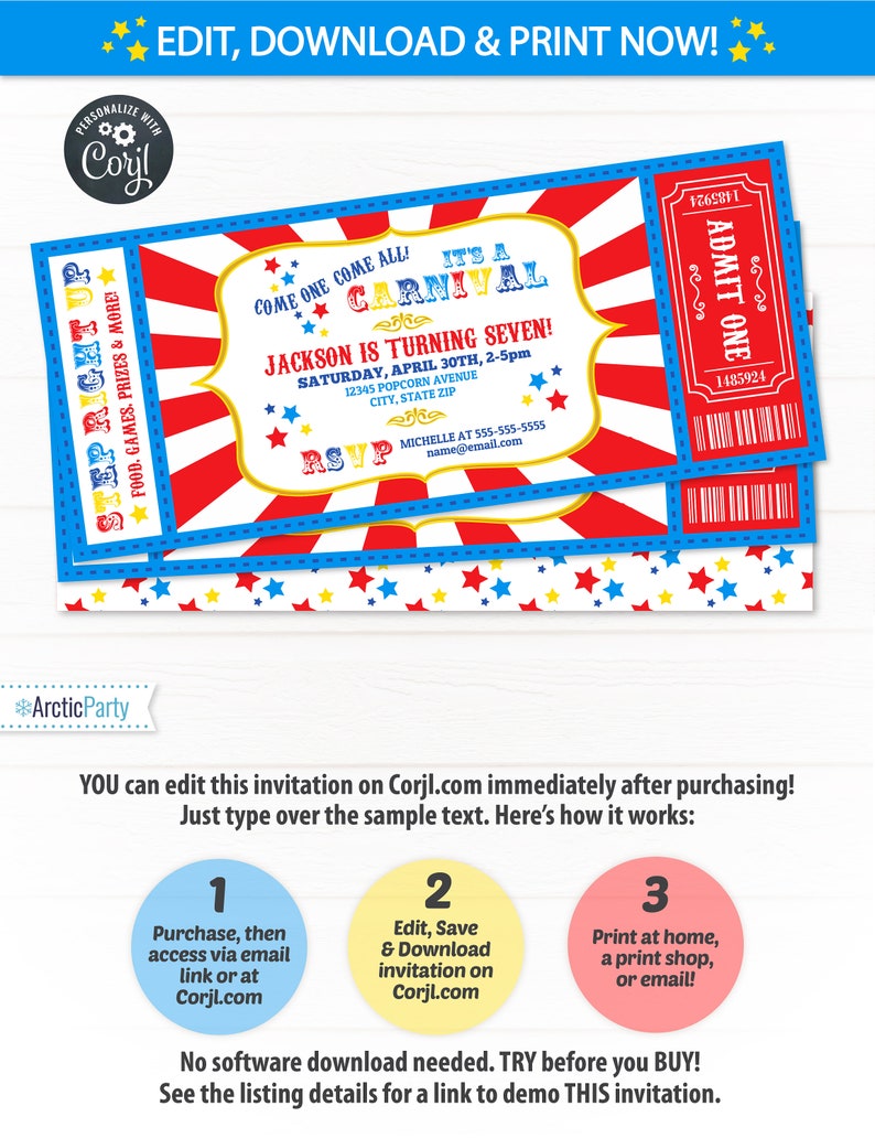 Carnival Invitations Carnival Theme Party Carnival Birthday Invitation Carnival Ticket Carnival Party INSTANT ACCESS Edit NOW image 1