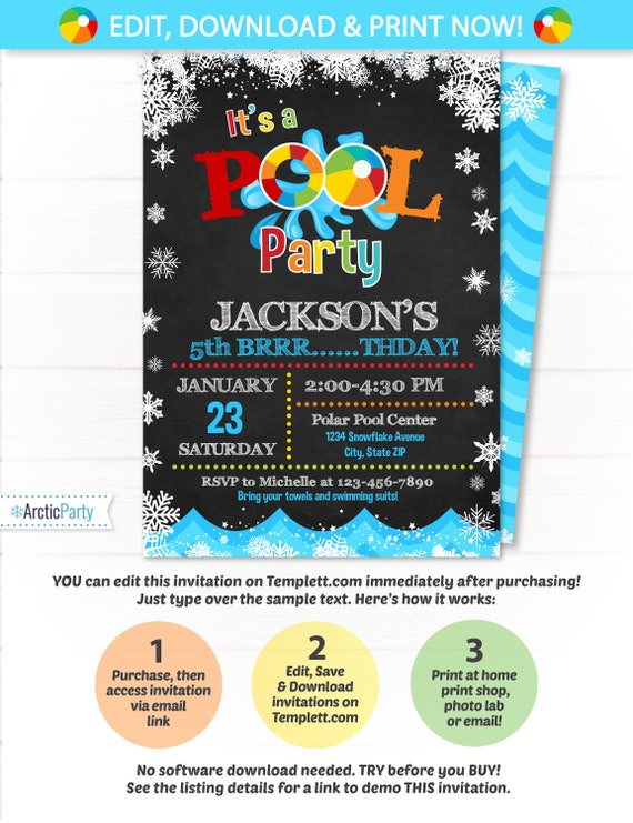 Pool Party Invitation Swimming Pool Birthday Party Winter Etsy