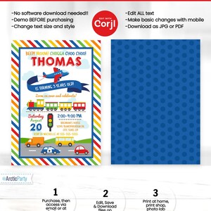 Puede incluir: Plantilla de invitaci&oacute;n de cumplea&ntilde;os editable con un tren de dibujos animados y el texto "&iexcl;BEEP! &iexcl;VROOM! &iexcl;CHUGGA CHOO CHOO! &iexcl;THOMAS CUMPLE 3 A&Ntilde;OS!" La invitaci&oacute;n tiene un fondo a rayas azul, rojo, amarillo y verde con un tren, un sem&aacute;foro y coches. El texto "EDIT WITH Corjl" est&aacute; en la esquina superior derecha.
