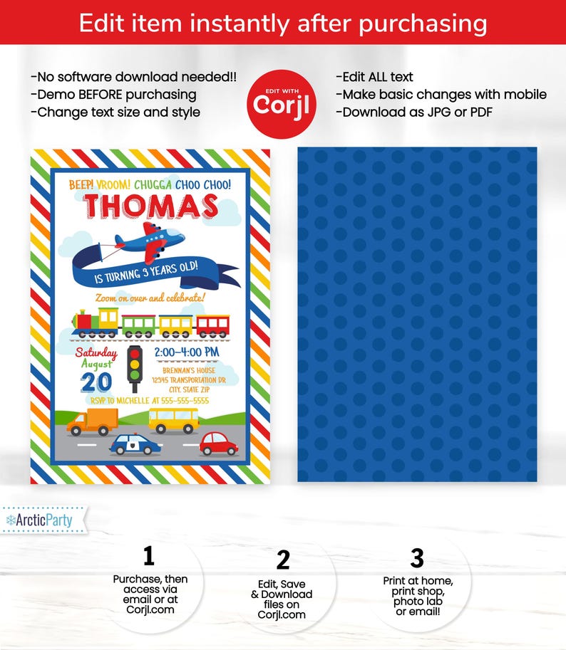 Puede incluir: Plantilla de invitaci&oacute;n de cumplea&ntilde;os editable con un tren de dibujos animados y el texto "&iexcl;BEEP! &iexcl;VROOM! &iexcl;CHUGGA CHOO CHOO! &iexcl;THOMAS CUMPLE 3 A&Ntilde;OS!" La invitaci&oacute;n tiene un fondo a rayas azul, rojo, amarillo y verde con un tren, un sem&aacute;foro y coches. El texto "EDIT WITH Corjl" est&aacute; en la esquina superior derecha.