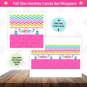 Puede incluir: Envoltorios de barra de caramelo imprimibles con un patr&oacute;n de chevron rosa y blanco, un patr&oacute;n de espiral rosa y una m&aacute;quina de chicles con el texto "It was so SWEET of you to come!"