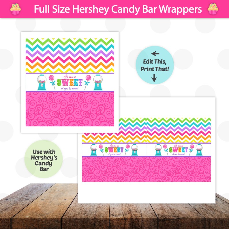 Puede incluir: Envoltorios de barra de caramelo imprimibles con un patr&oacute;n de chevron rosa y blanco, un patr&oacute;n de espiral rosa y una m&aacute;quina de chicles con el texto "It was so SWEET of you to come!"