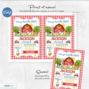 May include: An editable digital party invitation template featuring a red gingham border and farm theme. The design includes a red barn, trees, and animals with the text Have you heard the MOOS? JACKSON is turning 2! on an 8.5x11 inch paper layout.
