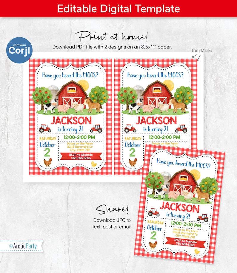 May include: An editable digital party invitation template featuring a red gingham border and farm theme. The design includes a red barn, trees, and animals with the text Have you heard the MOOS? JACKSON is turning 2! on an 8.5x11 inch paper layout.
