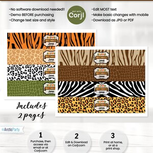 May include: Editable printable labels for water bottles featuring a jungle animal print theme. The labels are in orange, brown, black, white, and green. The labels include the text "Happy Birthday James".