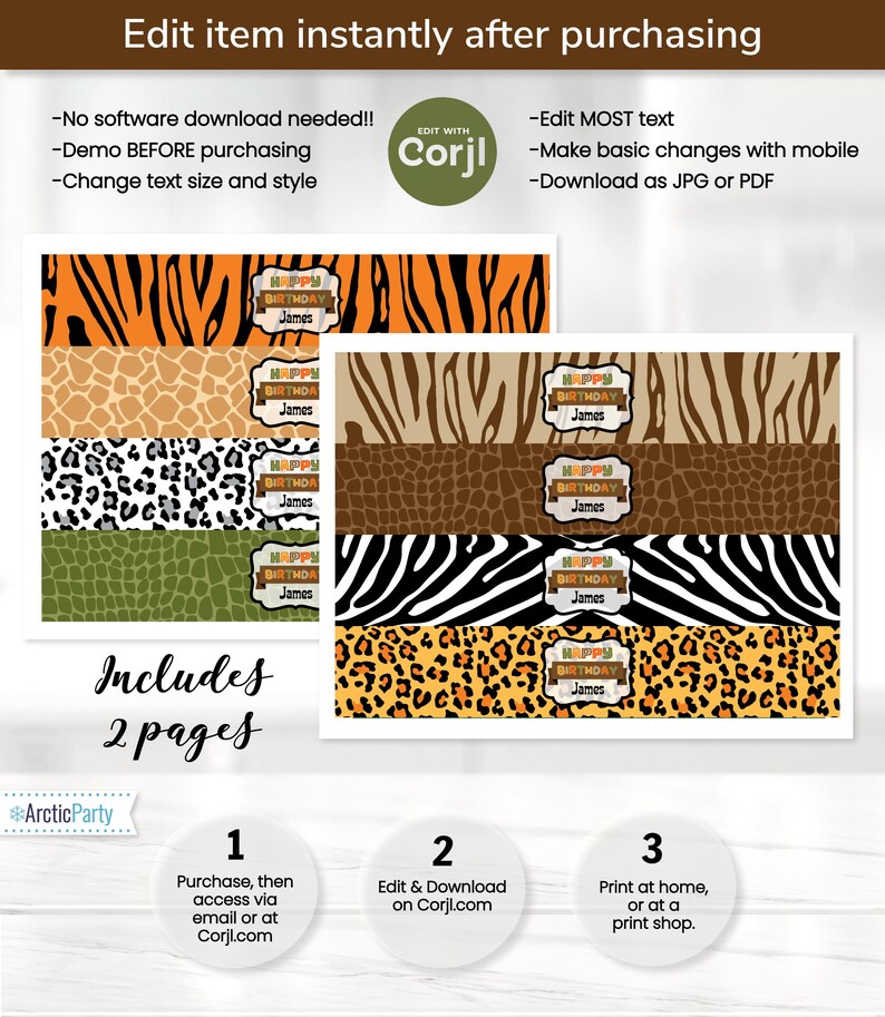 May include: Editable printable labels for water bottles featuring a jungle animal print theme. The labels are in orange, brown, black, white, and green. The labels include the text "Happy Birthday James".