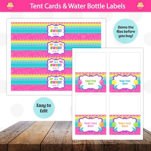 Puede incluir: Etiquetas de botellas de agua y tarjetas de mesa imprimibles con un tema de dulces rosa, azul, amarillo y verde. Las etiquetas presentan el texto "It's Sweet to be 5!" y un dise&ntilde;o de dulces coloridos. Las tarjetas de mesa tienen un fondo rosa con un dise&ntilde;o de dulces coloridos y un espacio para el texto.