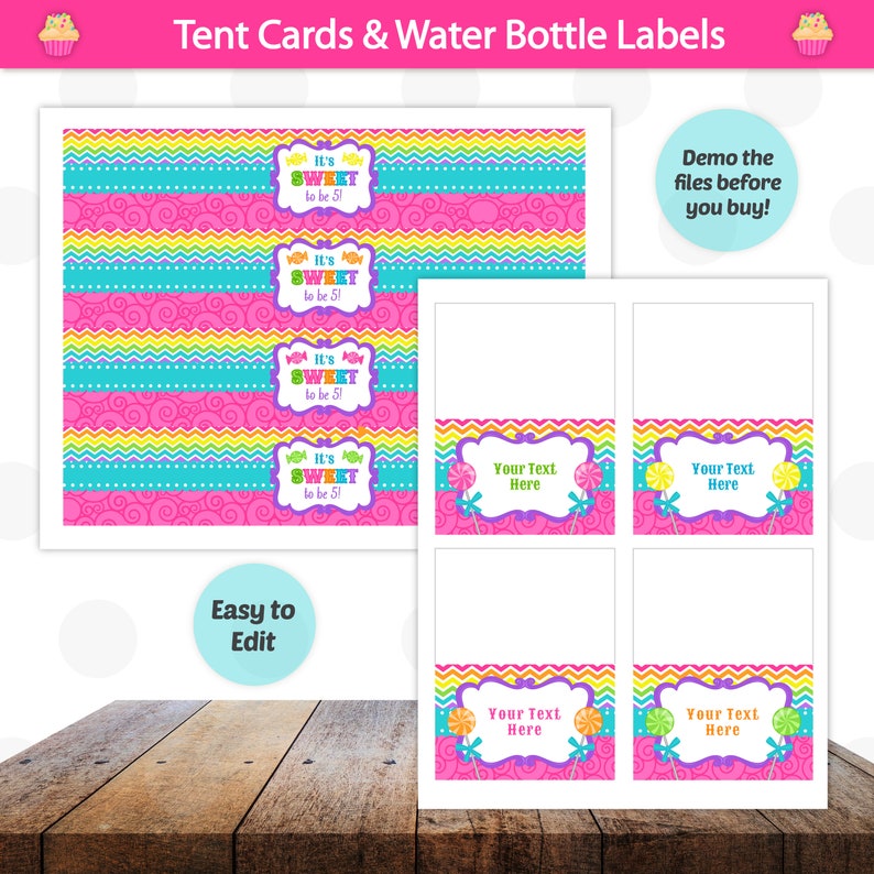 Puede incluir: Etiquetas de botellas de agua y tarjetas de mesa imprimibles con un tema de dulces rosa, azul, amarillo y verde. Las etiquetas presentan el texto "It's Sweet to be 5!" y un dise&ntilde;o de dulces coloridos. Las tarjetas de mesa tienen un fondo rosa con un dise&ntilde;o de dulces coloridos y un espacio para el texto.