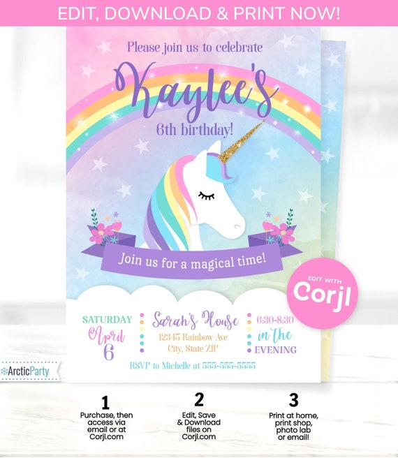 Unicorn Invitations - Unicorn Birthday Invitation - Unicorn Party Invitations - Edit using Corjl