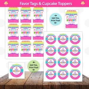 Puede incluir: Etiquetas de favor y toppers para cupcakes imprimibles con un patr&oacute;n de chevron arco&iacute;ris y un dise&ntilde;o de cupcake. El texto en las etiquetas dice "&iexcl;Gracias por hacer mi fiesta tan DULCE! Con cari&ntilde;o, Handy". Los toppers para cupcakes presentan un patr&oacute;n de chevron arco&iacute;ris, un dise&ntilde;o de cupcake y el texto "Feliz cumplea&ntilde;os Madison".