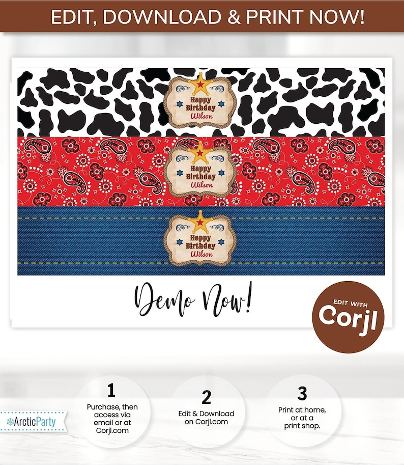 May include: A printable design for a cowboy-themed birthday party. The design features a red bandana pattern, a blue denim pattern, and a cowhide pattern. The design includes a customizable text box that says "Happy Birthday Wilson".