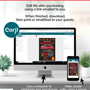 K&ouml;nnte beinhalten: Ein Computerbildschirm und ein Mobiltelefon zeigen eine druckbare Einladung zu einer Feuerwehr-Geburtstagsparty. Die Einladung ist rot, schwarz und gelb mit einem Comic-Feuerwehrauto und dem Text "Sound the Alarm, Grab Your Gear, Brennan is turning four this year".