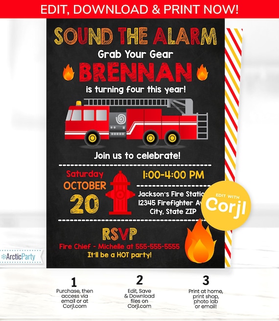 Fire Truck Birthday Party Invitations, Fireman Party -  Fire Truck Invitations - Firefighter Birthday Party - Edit using Corjl