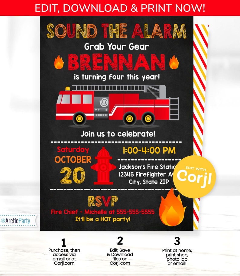 K&ouml;nnte beinhalten: Eine rote und gelbe Feuerwehr-Geburtstagseinladung f&uuml;r ein Kind, das vier Jahre alt wird. Die Einladung zeigt ein Cartoon-Feuerwehrauto, einen Hydranten und den Text "Sound the Alarm, Grab Your Gear, Brennan is turning four this year!" Die Einladung enth&auml;lt auch das Datum, die Uhrzeit und den Ort der Party.