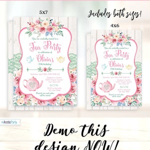 Pu&ograve; includere: Due modelli di inviti per tea party, 5x7 e 4x6 pollici, con accenti floreali e in pizzo. Gli inviti presentano una cornice rosa, illustrazioni di teiere e testo che invita gli ospiti alla festa di compleanno per i 30 anni di Olivia.