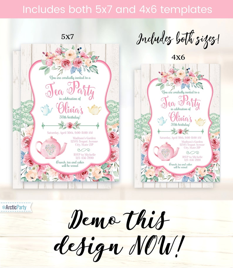 Pu&ograve; includere: Due modelli di inviti per tea party, 5x7 e 4x6 pollici, con accenti floreali e in pizzo. Gli inviti presentano una cornice rosa, illustrazioni di teiere e testo che invita gli ospiti alla festa di compleanno per i 30 anni di Olivia.