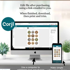 May include: A computer screen and a tablet display a website with a design template for printable labels. The website is called Corjl. The labels feature a jungle animal theme with a brown, green, and orange color scheme. The text on the screen says "Edit file after purchasing, using a link emailed to you. When finished, download, then print and trim."