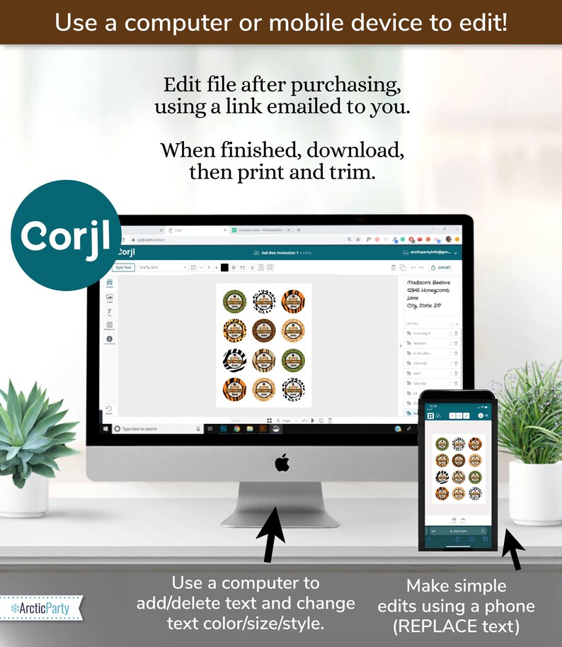 May include: A computer screen and a tablet display a website with a design template for printable labels. The website is called Corjl. The labels feature a jungle animal theme with a brown, green, and orange color scheme. The text on the screen says "Edit file after purchasing, using a link emailed to you. When finished, download, then print and trim."