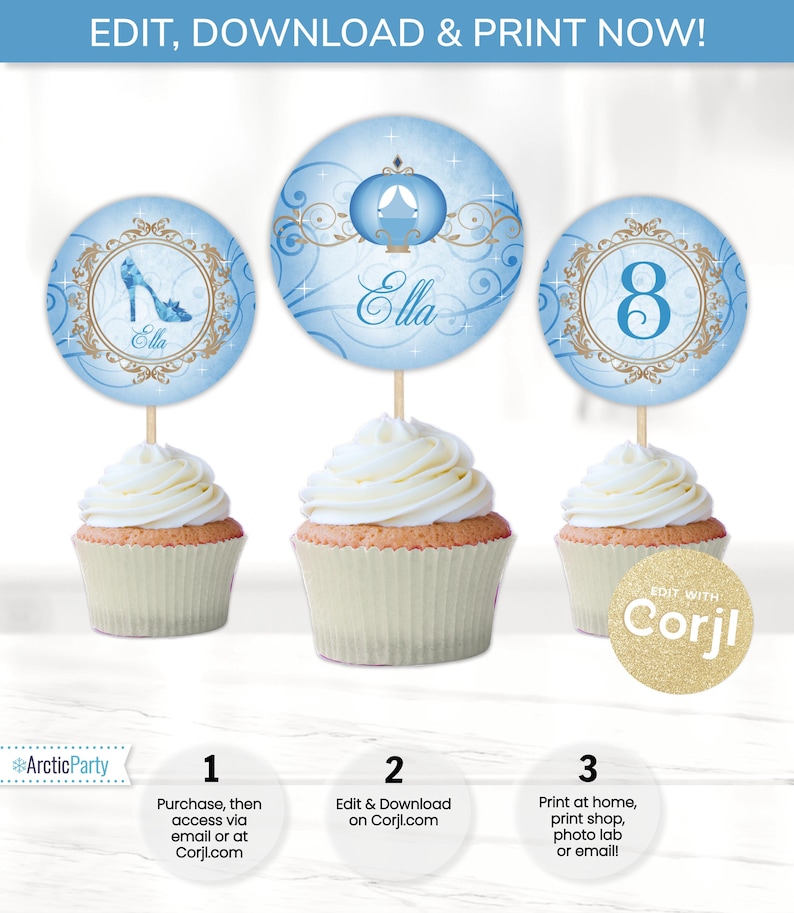 May include: Three printable cupcake toppers featuring a Cinderella theme. The toppers are round and have a blue background with gold accents. The first topper features a glass slipper, the second topper features a carriage, and the third topper features the number 8. The text "Ella" is included on the carriage topper.