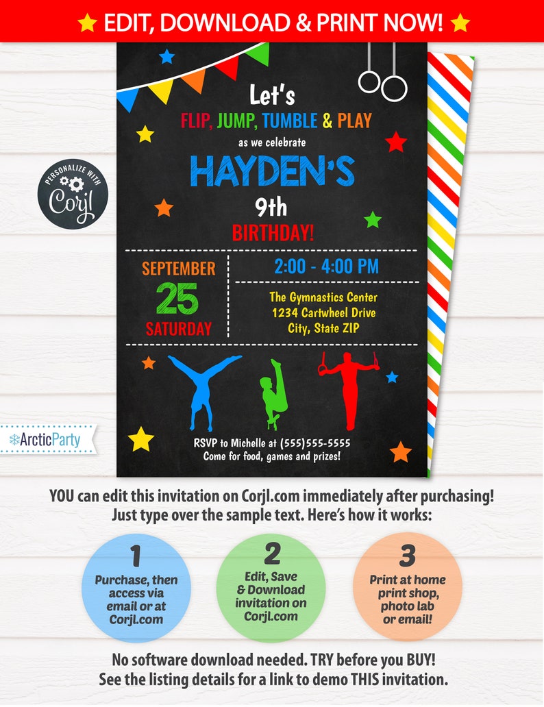 Gymnastics Invitations Boys Gymnastics Birthday Invitations Etsy