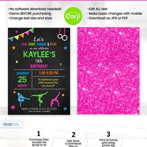Peut inclure: Un fond de paillettes rose avec une invitation de f&ecirc;te d'anniversaire sur un tableau noir et blanc pour une fille de 9 ans. L'invitation repr&eacute;sente une silhouette de gymnaste et le texte "Let's Flip, Jump, Tumble & Play as we celebrate Kaylee's 9th Birthday!" L'invitation comprend &eacute;galement la date, l'heure et le lieu de la f&ecirc;te. Le texte "Edit with Corjl" est dans un cercle vert en haut de l'invitation.