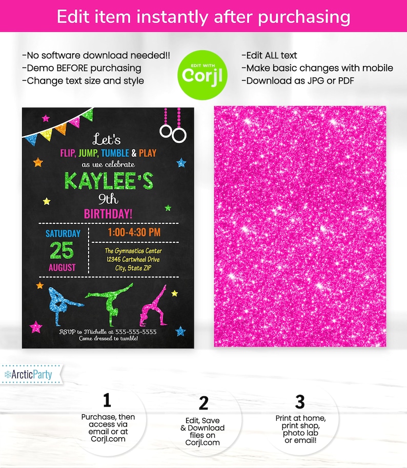 Peut inclure: Un fond de paillettes rose avec une invitation de f&ecirc;te d'anniversaire sur un tableau noir et blanc pour une fille de 9 ans. L'invitation repr&eacute;sente une silhouette de gymnaste et le texte "Let's Flip, Jump, Tumble & Play as we celebrate Kaylee's 9th Birthday!" L'invitation comprend &eacute;galement la date, l'heure et le lieu de la f&ecirc;te. Le texte "Edit with Corjl" est dans un cercle vert en haut de l'invitation.