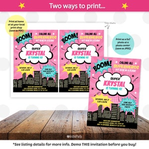 May include: A pink and blue superhero-themed birthday party invitation for a girl named Krystal turning 10. The invitation features a comic book style illustration of a city skyline with a speech bubble that says "BOOM! Calling all Superheros Get here in a flash!" and "Super Krystal is turning 10!" The invitation also includes the date and time of the party, as well as the address of the party location.