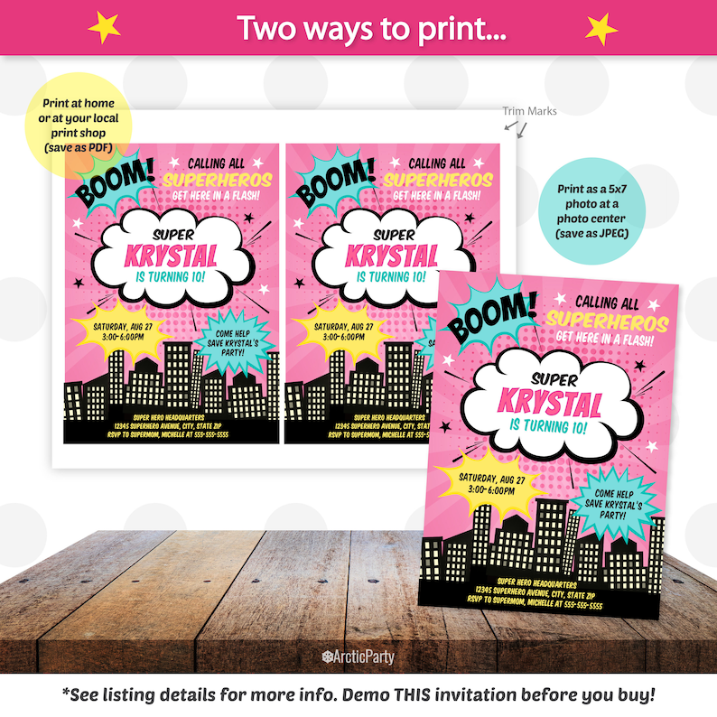 May include: A pink and blue superhero-themed birthday party invitation for a girl named Krystal turning 10. The invitation features a comic book style illustration of a city skyline with a speech bubble that says "BOOM! Calling all Superheros Get here in a flash!" and "Super Krystal is turning 10!" The invitation also includes the date and time of the party, as well as the address of the party location.