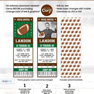 May include: Editable football-themed birthday party invitation template with a green and brown colour scheme. The template features a football, a photo placeholder, and text that says "You're Invited" and "Landon is Turning 10!"