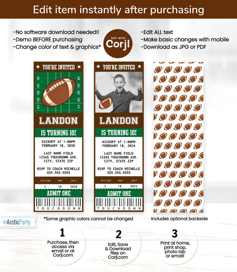 May include: Editable football-themed birthday party invitation template with a green and brown colour scheme. The template features a football, a photo placeholder, and text that says "You're Invited" and "Landon is Turning 10!"