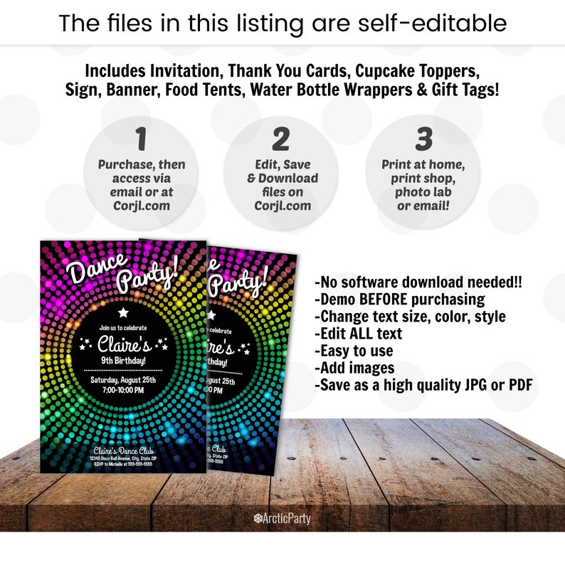 May include: Editable printable party invitation with a rainbow disco ball design. The invitation says "Dance Party!" and features the text "Join us to celebrate Claire's 9th Birthday!" with a date and time.