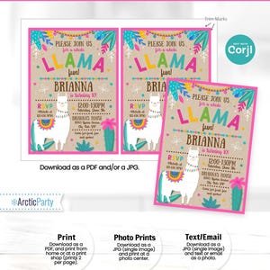 May include: Llama-themed birthday party invitations with a pink and turquoise color scheme. The invitations feature a llama illustration, event details, and the text "Llama fun!" The invitations are available to print, photo print, or text/email.