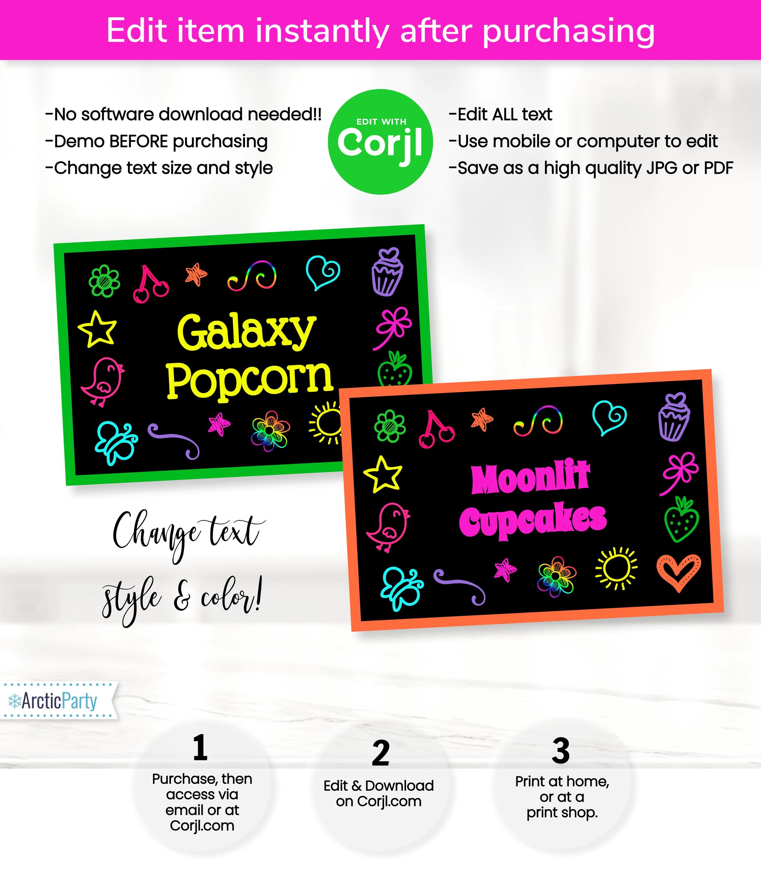 Glow Party Labels - Glowing Food Labels - Party Tags - Glow Theme Place ...