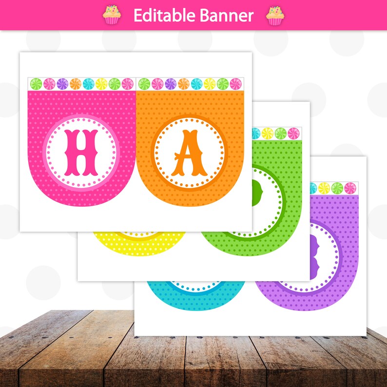Puede incluir: Banner imprimible con cinco banderas coloridas, cada una con un patr&oacute;n de lunares blancos y un c&iacute;rculo blanco en el centro. Las banderas deletrean la palabra "HAPPY".